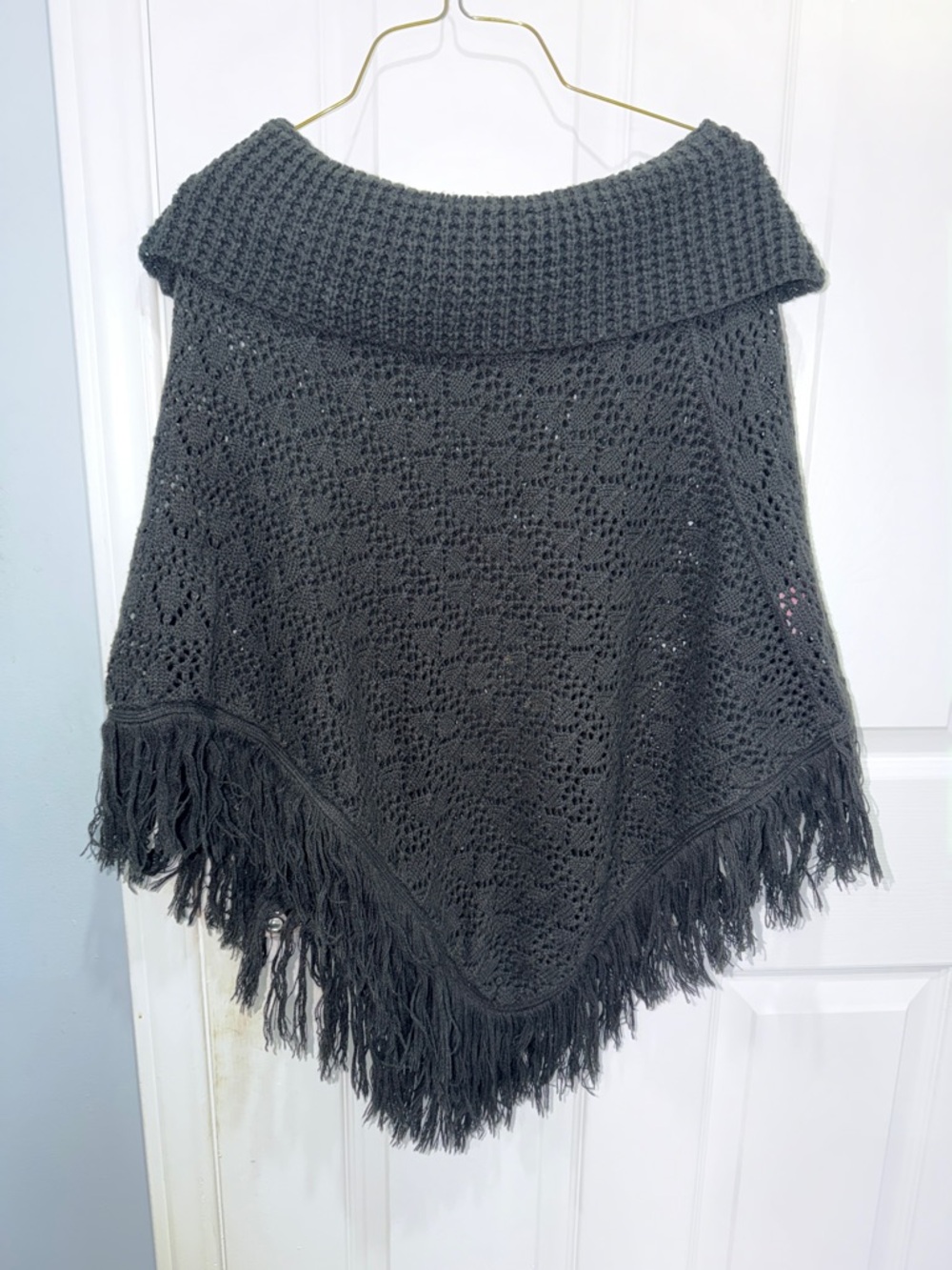 Cozy Black Fringe Knit Poncho Sweater